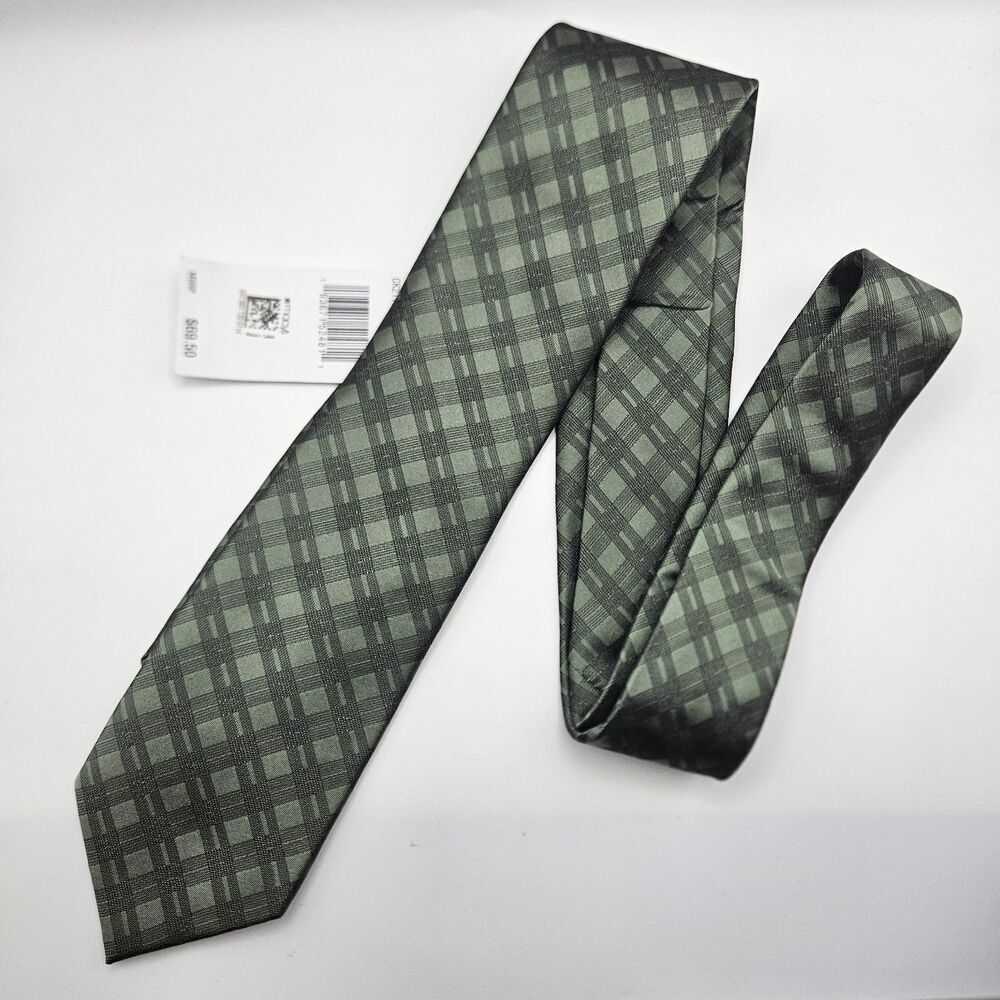 NWT Calvin Klein Green Grid Plaid Tie Party Work Old Money Wedding 57.5x3"
